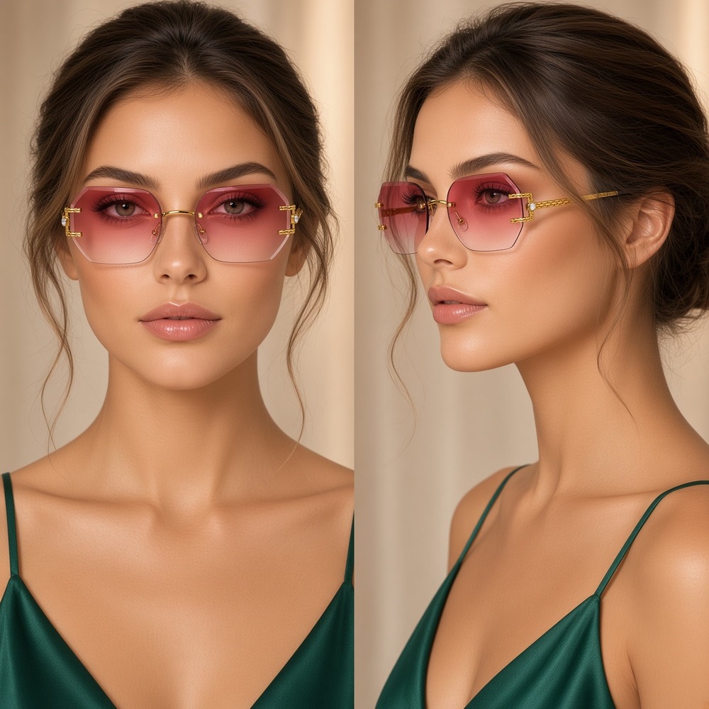 Sunglasses Women Fashion Designer Rimless Octagon Pink Lens Gold Frame Lentes